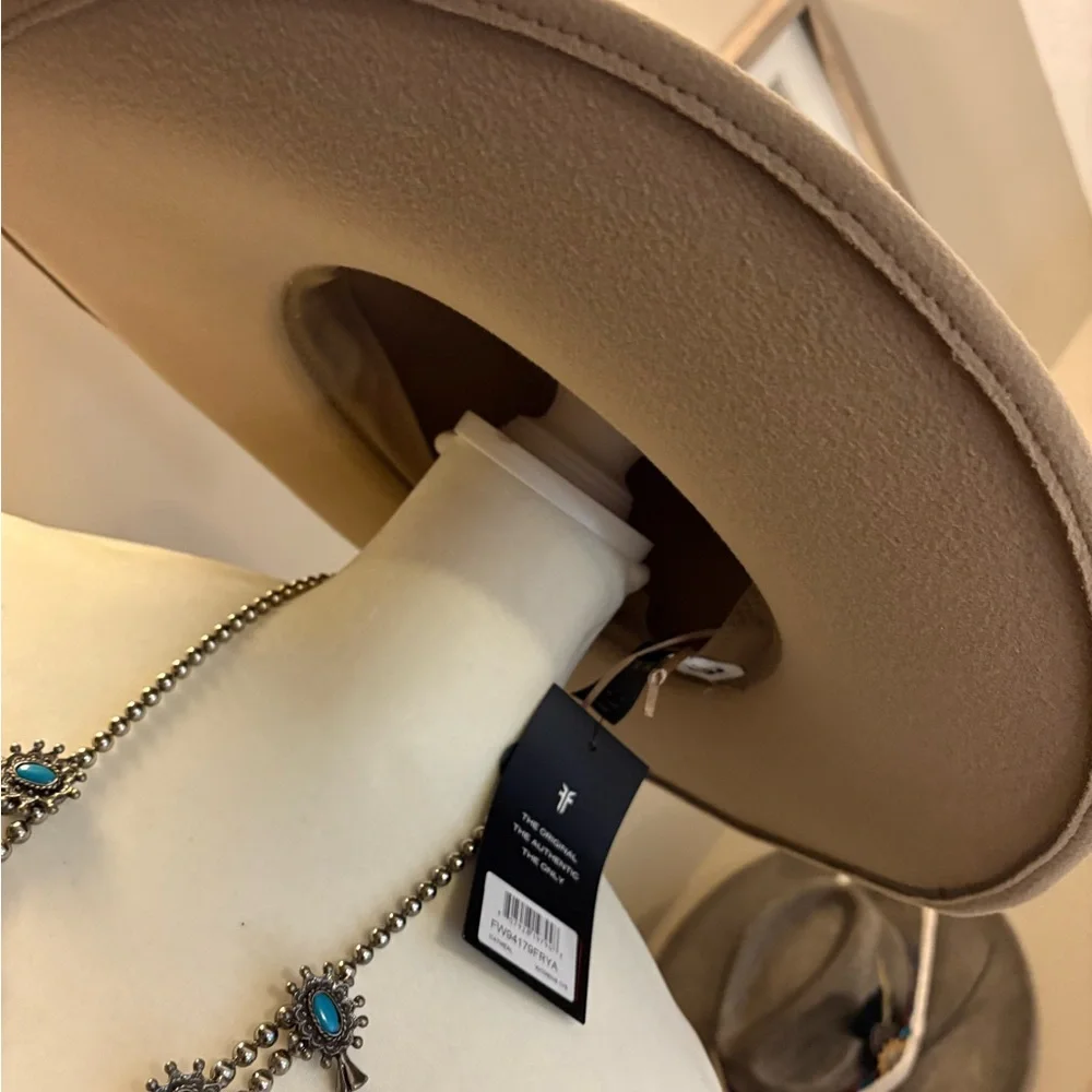 Frye Tan Hat with Pink Rose and Lace Band - Picture 4 of 7